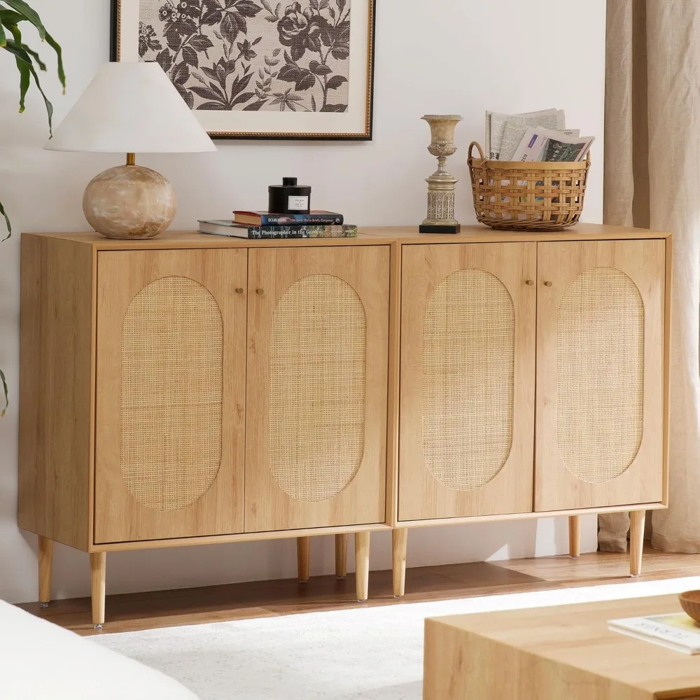 Storage Cabinet with Rattan Doors Set of 3,Boho Buffet Sideboard Bar Cabinet Farmhouse Credenza Cabinet with Sturdy Wooden Legs