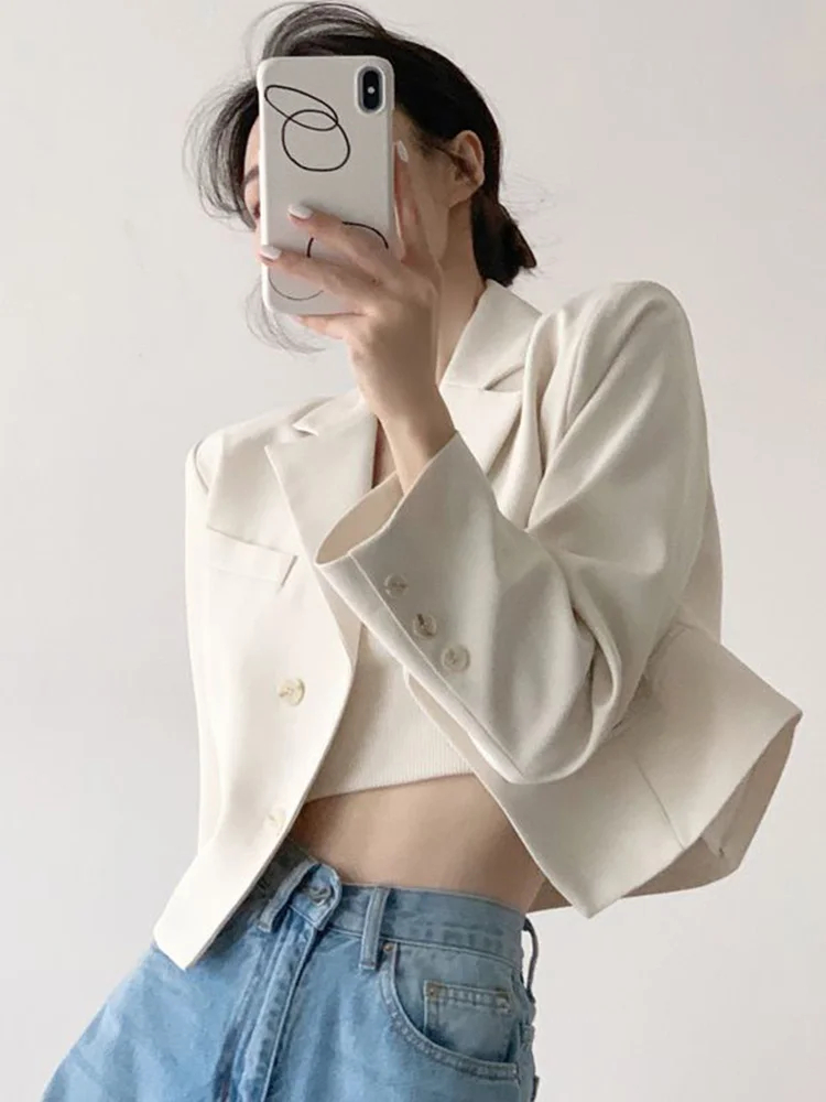 Spring Sexy Cropped Blazer Women Elegant Slim Long Sleeve Suit Coat Korean Fashion Sweet Female All Match Solid New Jacket Tops