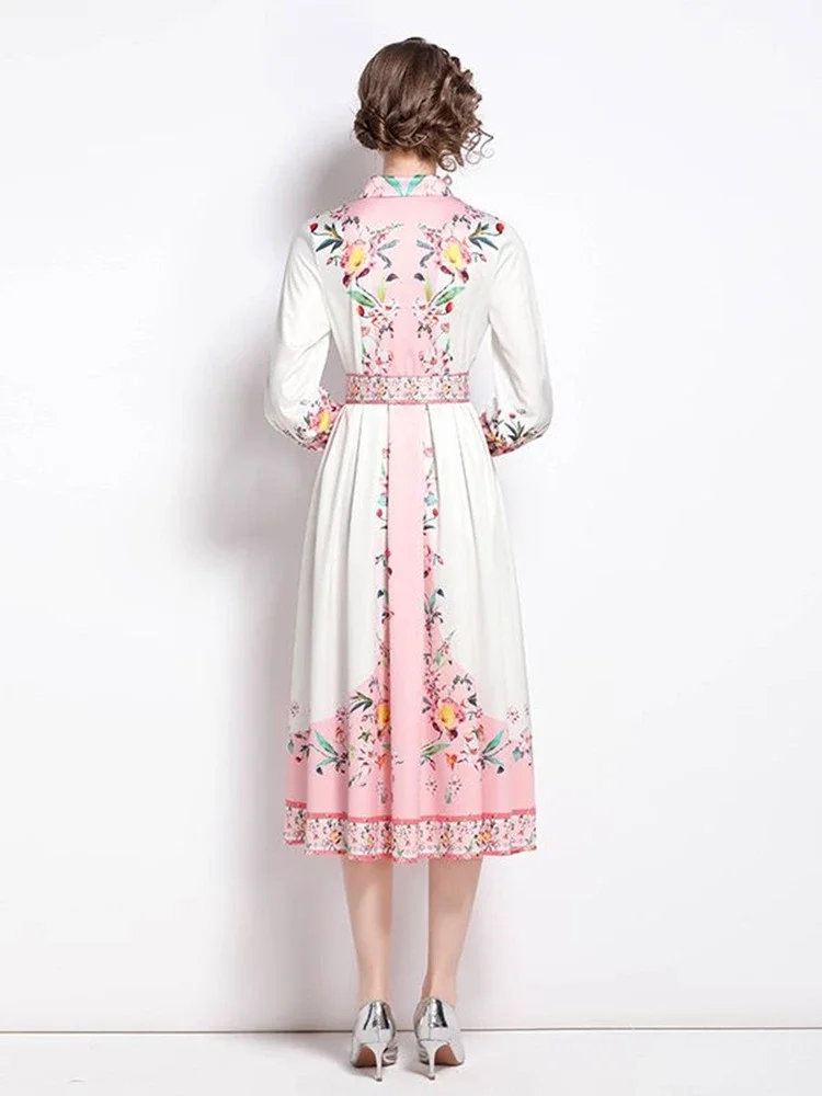 여성용 보호 꽃 드레스, 라펠 칼라, 긴팔, 꽃 프린트 파티, 해변 미디 드레스, 벨트 포함, 2023 용수철 가을