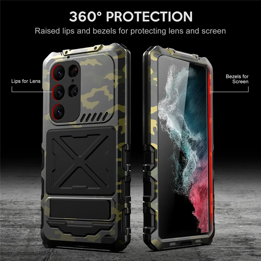 R-just Grade Anti-fall Armor Phone Cases For Samsung Galaxy S24 S23 Ultra Shockproof Build-in Kickstand 360 Protection Glass