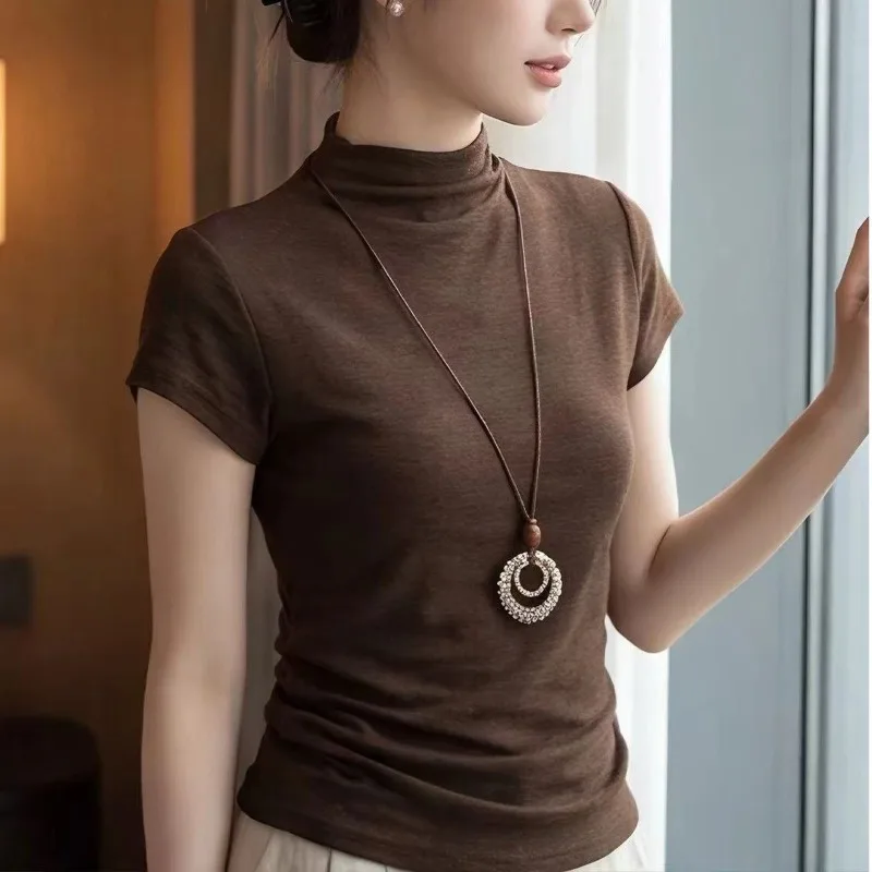 Autumn New Semi High Neck Short Sleeved Tshirt for Women Korean Fashion Chic Design Temperament Slimming Concise Versatile Tops