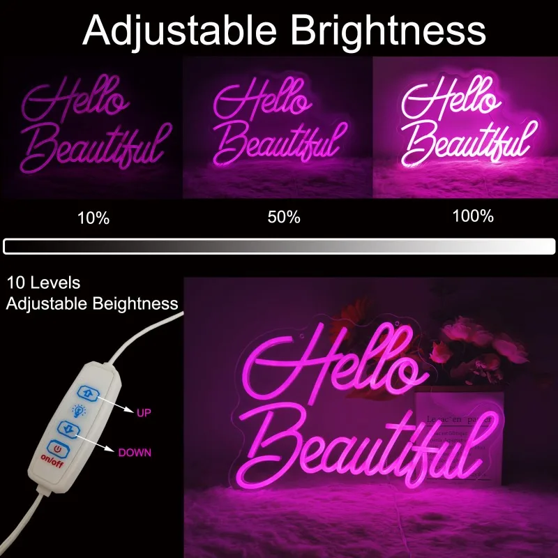 Hello Beautiful letrero de neón, luz LED rosa, interruptor regulable para el hogar, dormitorio, sala de estar, barra de belleza, fiesta, 17x11,8 pulgadas, 5V, USB