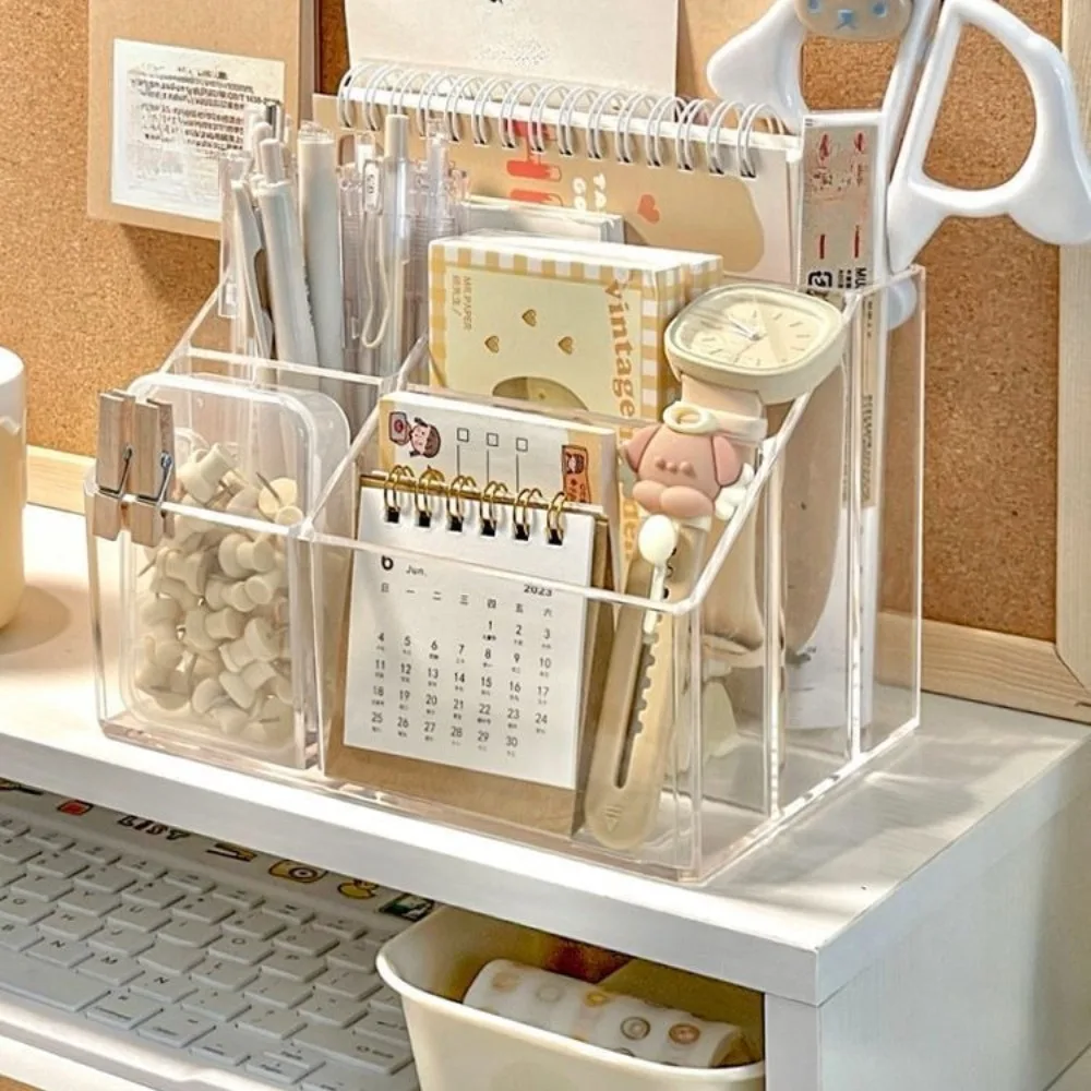 Trapezoidal 5-Grid Desk Organizer, Clear Multi-Compartment Storage Box for Pens, Notes, Facial Masks And Office Supplies