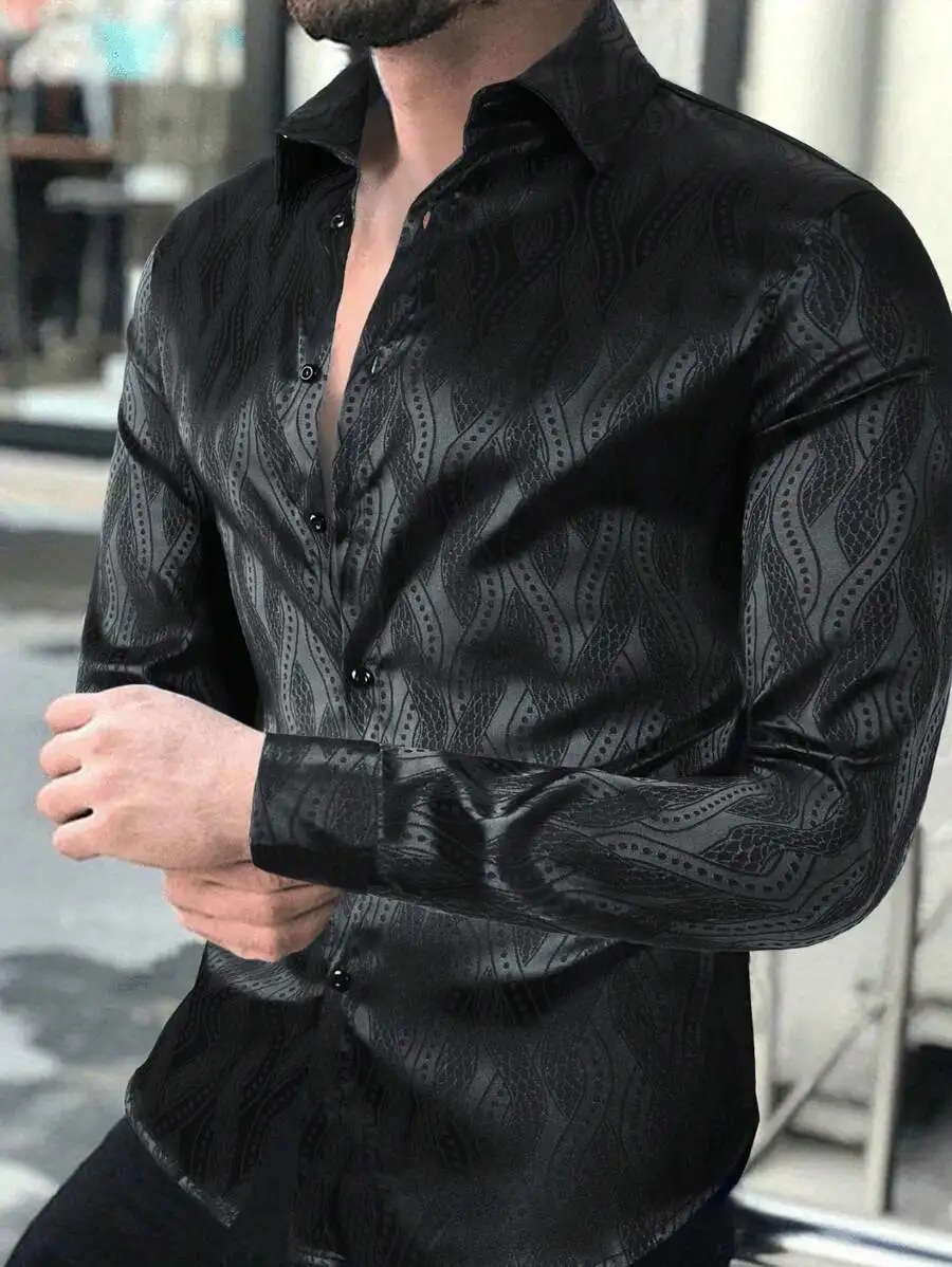 

Men's Black Satin Long Sleeve Button-Front Shirt with Abstract Wave Print