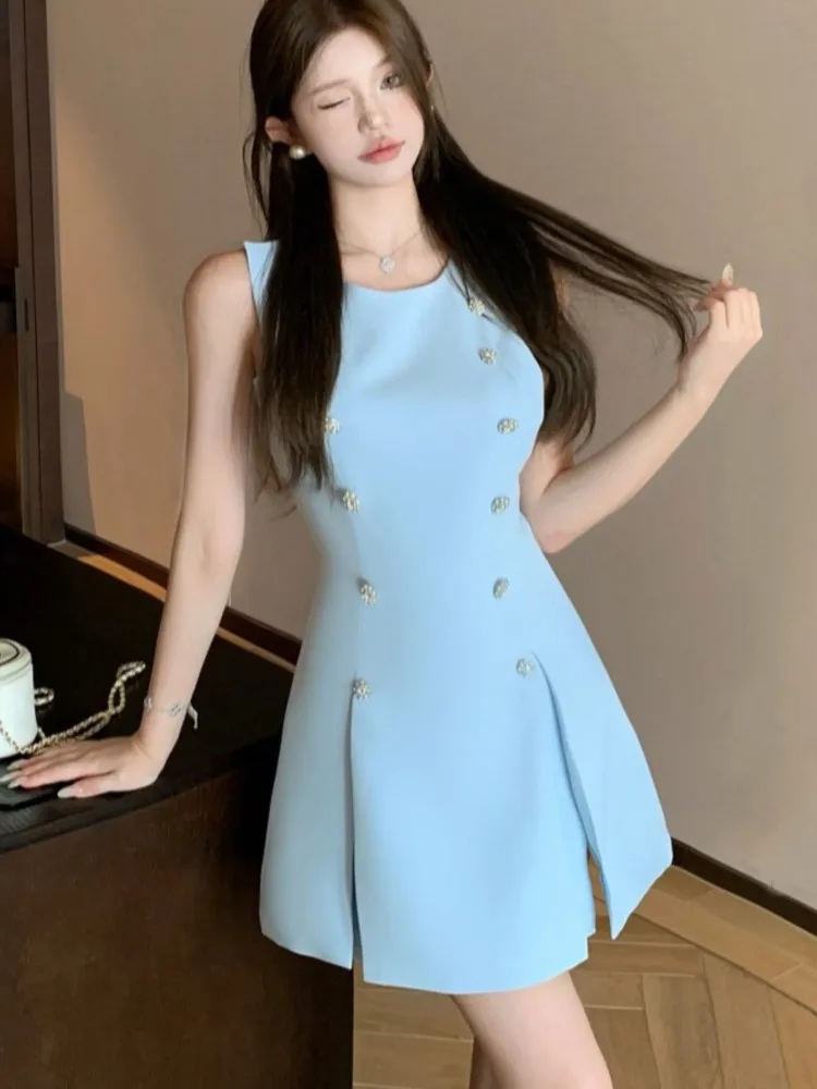 

Elegant French Chic Spring Summer Women's Dresses Blue O-Neck Sleeveless Pleated Korean Dress Party Evening Prom Female Clothes