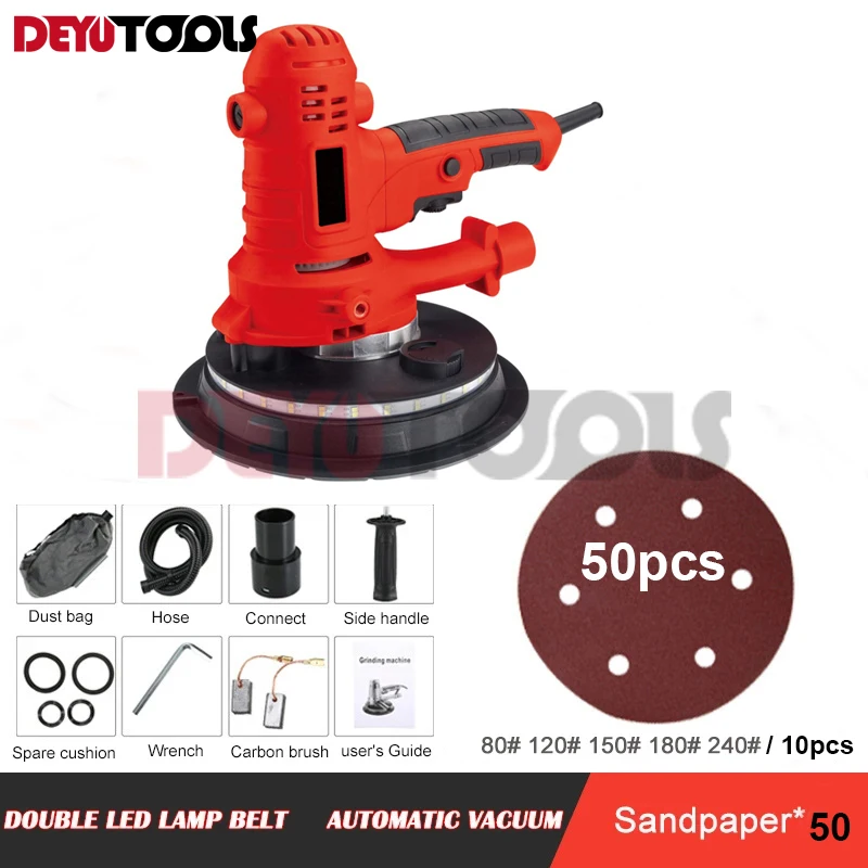 180mm Electric Drywall Sander Machine 1250W Wall Polishing grinding Machine with LED Vacuum Handheld Wall Floor