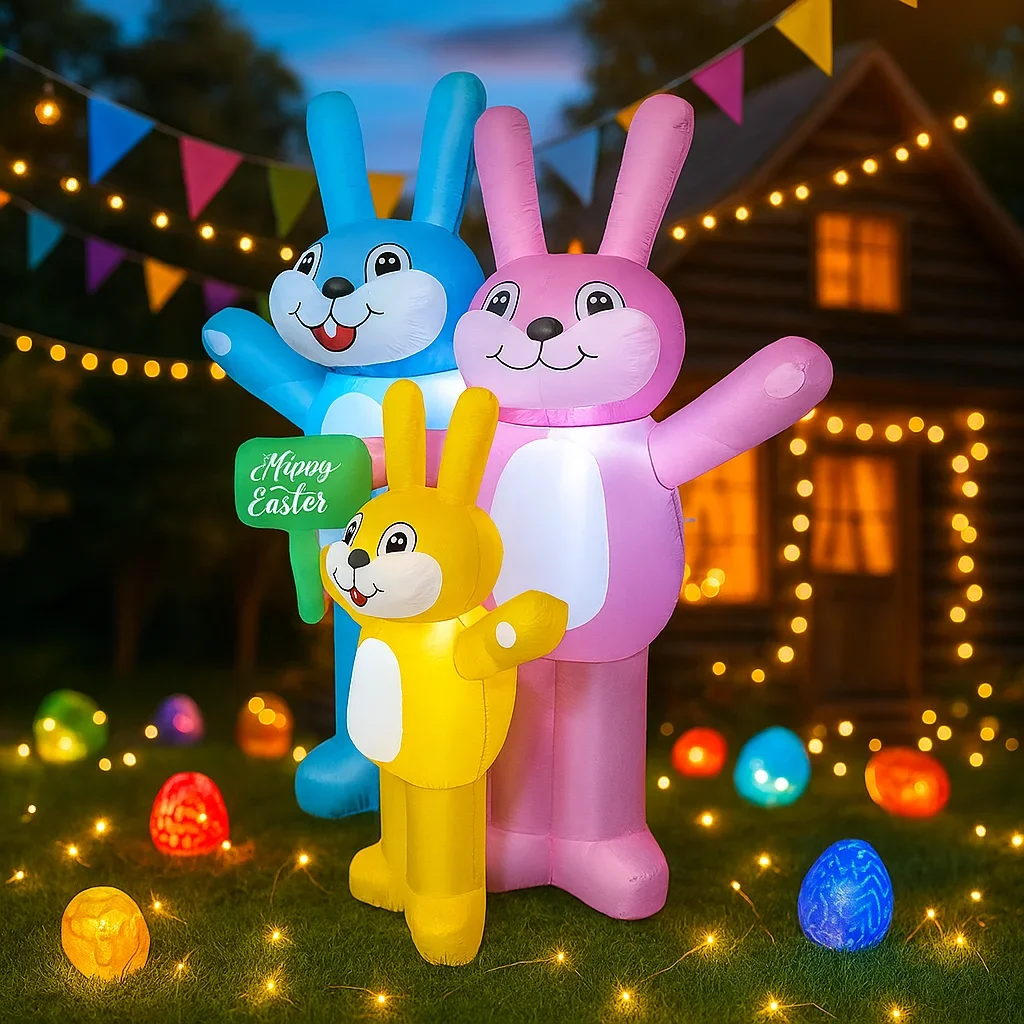 6FT Easter Three Bunnies Family Airblown Inflatable Decor LED Lighted Blow Up Festive Yard Easter  Decoration Easter Inflatable