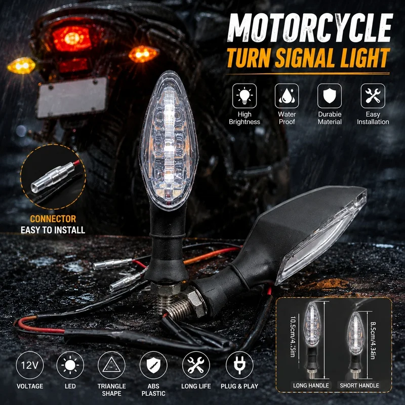 Universal Motorcycle LED Turn Signals Triangle Shape 12V Blinker Indicators 82mm Short & 102mm Long Handle Amber Lens Easy Insta