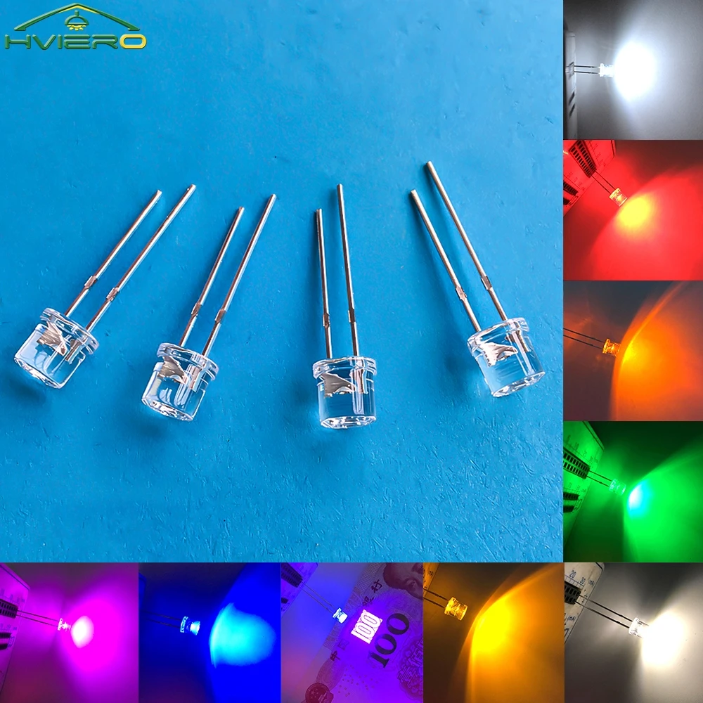 10PCS 5mm Flat Top Emitting Diode LED Lighting Wide Angle Ultra Bright Bulbs White Yellow Decoration Billboard Atmosphere Lamps