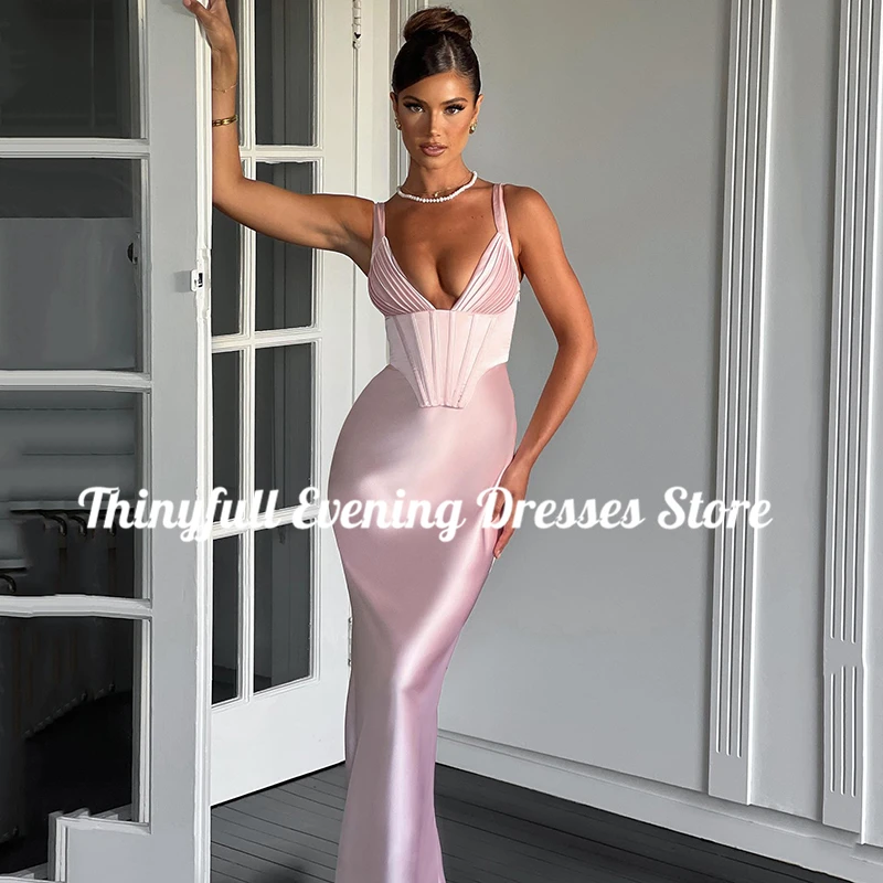 Thinyfull Sexy V-neck Prom Evening Dresses Pink Mermaid Floor Length Night Dress Saudi Arabia Cocktail Party Gowns Custom Size