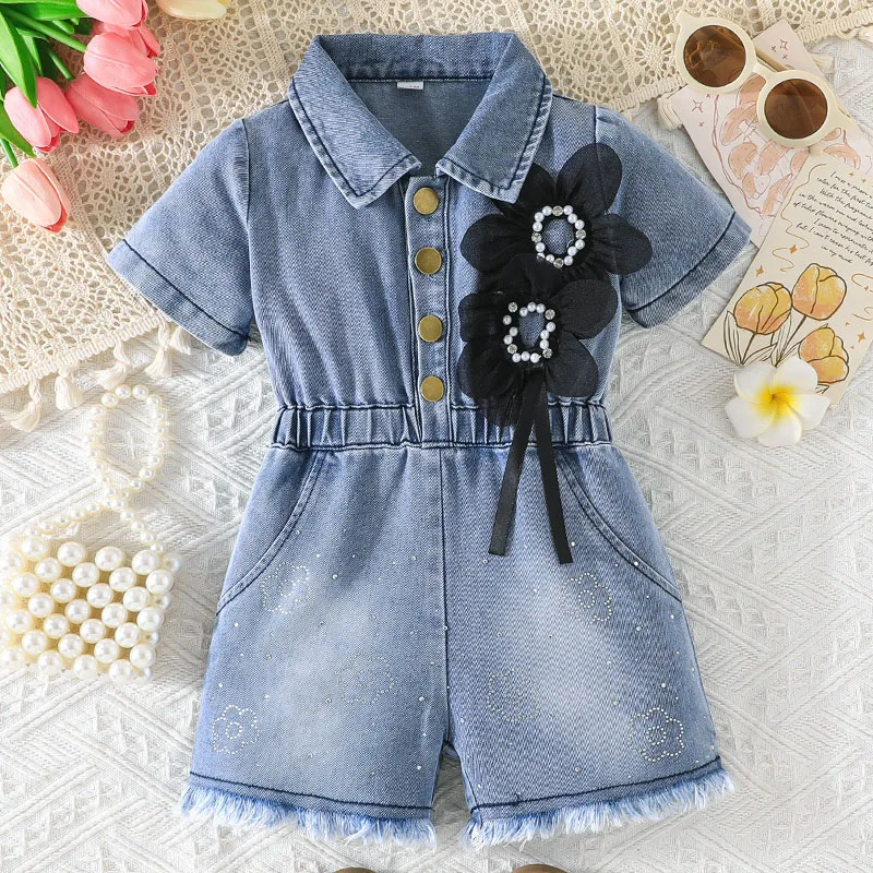 2026 New Summer Toddler Girl Clothes Korean Fashion Flowers Short Sleeve Denim Blue Baby Romper Newborn Items Baby Clothing B267