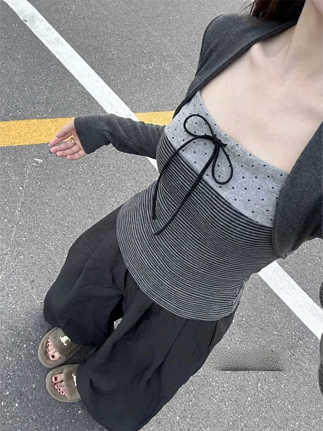 تي شيرت نسائي كوري Sle طويل Sve بتصميم شتوي بقصة ضيقة مع عقدة شريطية ناعمة ومريحة ومتعددة الاستخدامات