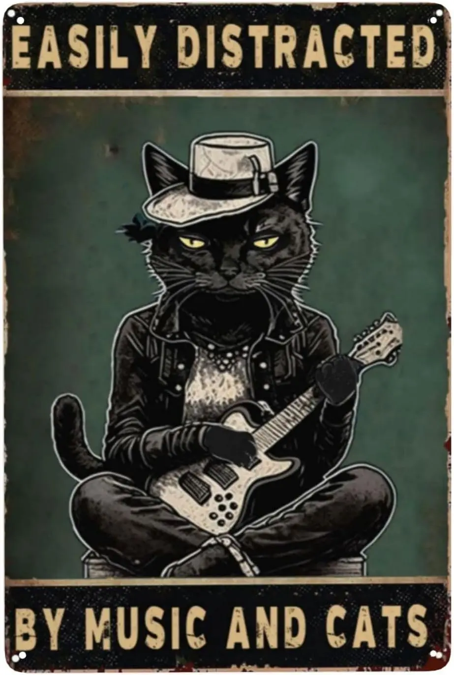 Music Cat Tin Sign - 8x12 Inch Elegant Vintage Decor - Cowboy Party Motif for Wedding Reception Gift Dark Detailed Western  sign