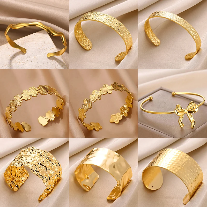 Vintage Flower Cuff Bracelet Bangle for Women Gold Color Flora Stainless Steel Bangles Casting Aesthetic Couple Wrist Jewelry