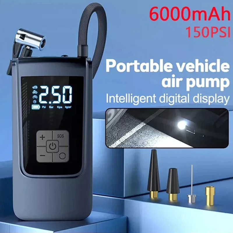 Smart Air Pump LED Light, 12V 6000mAh Portable Tyre Inflator, 150PSI Tire Inflator Electric Air Compressor for Car Bike Balls