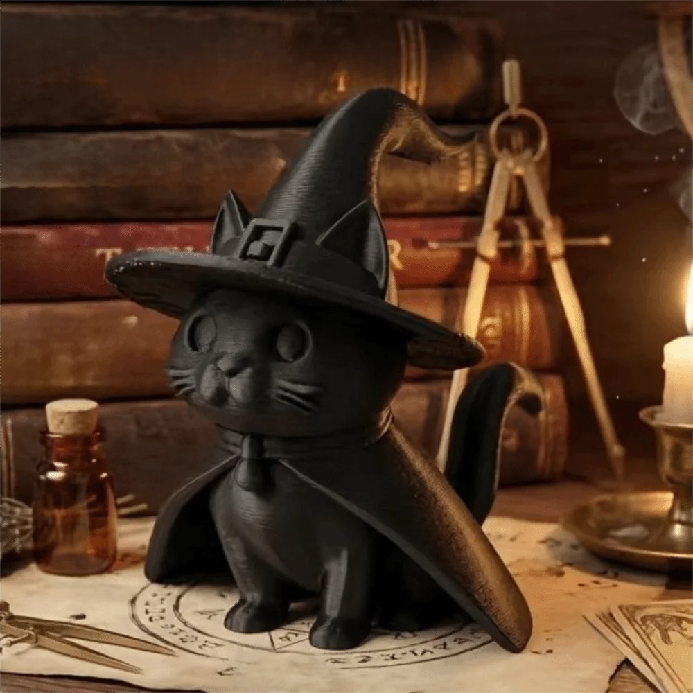 Dark Style 3D Printed Hat Cat Ornament Creative Gothic Style Witch Cat Figurine Plastic Funny Witch Hat Ornament Desk Decor