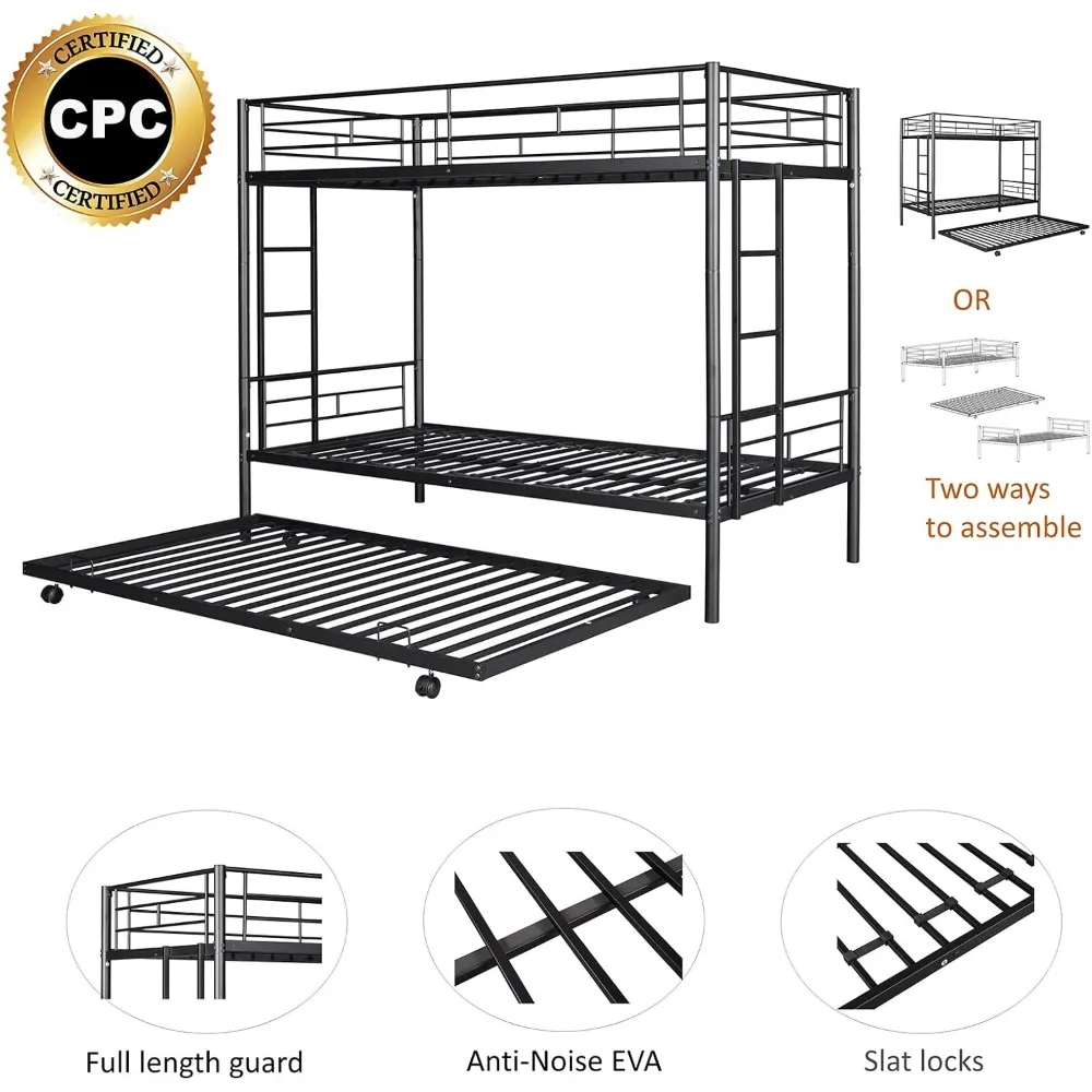 Twin Over Twin Metal Bunk Bed with Trundle Heavy Duty Bunk Beds Frame with 2Side Ladders,with Safety Guardrails for Adults