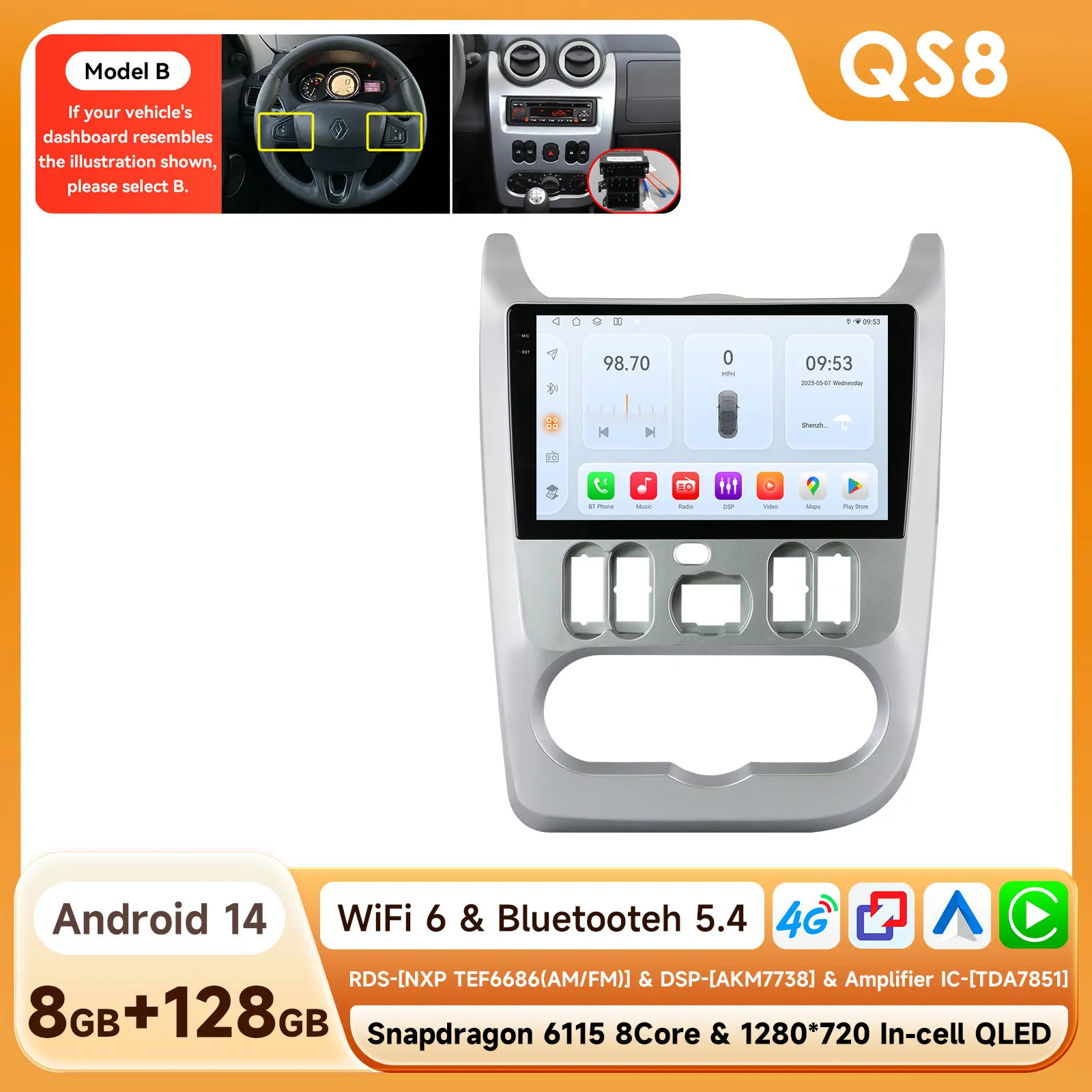 Hizpo 9'' autoradio met Qualcomm 8-core processor voor Renault Logan 1, Sandero 2009-2015, Largus, Dacia Duster, Android multimediaspeler