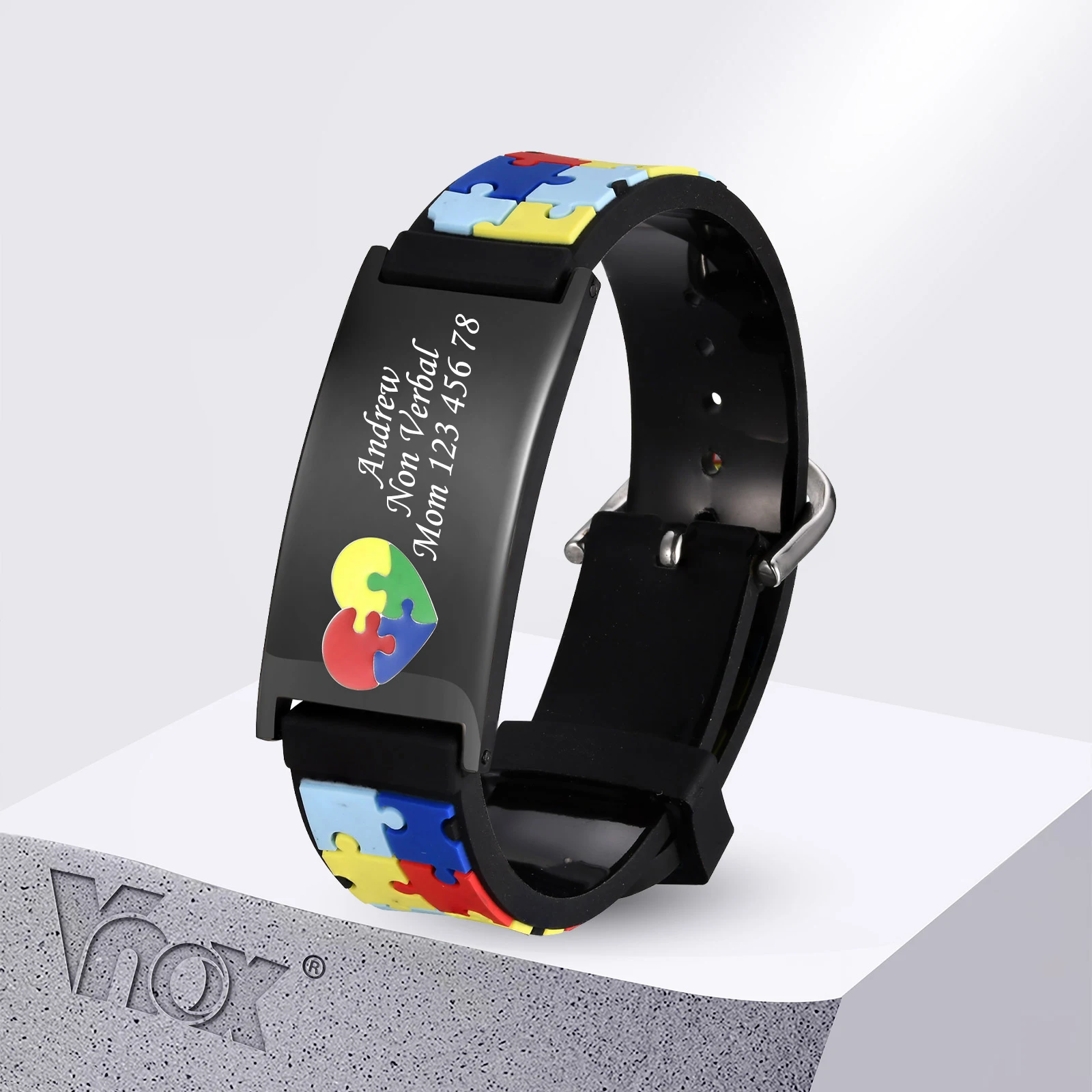 Vnox personalizar pulseras antipérdida MessagAutism para niñas y niños, pulseras de silicona suave ajustables, joyería de emergencia no Verbal