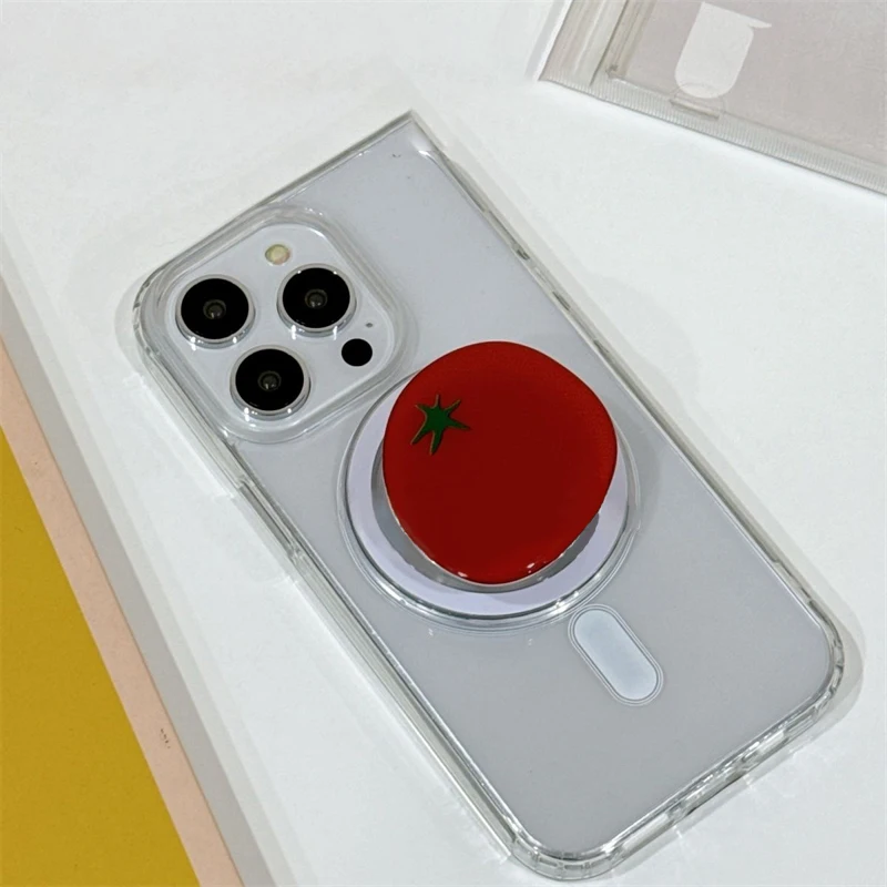 Cute Red Tomato For Magsafe Magnetic Phone Grip Tok Griptok Stand For iPhone 17 16 Foldable Wireless Charging Case Holder Ring