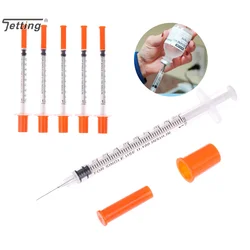 5Pcs 1/0.5/0.3ML Disposable Plastic Veterinary Syringe Orange Cap Sterile Insulin Syringe w/ Needles For Pet Farm Animal Cat Dog