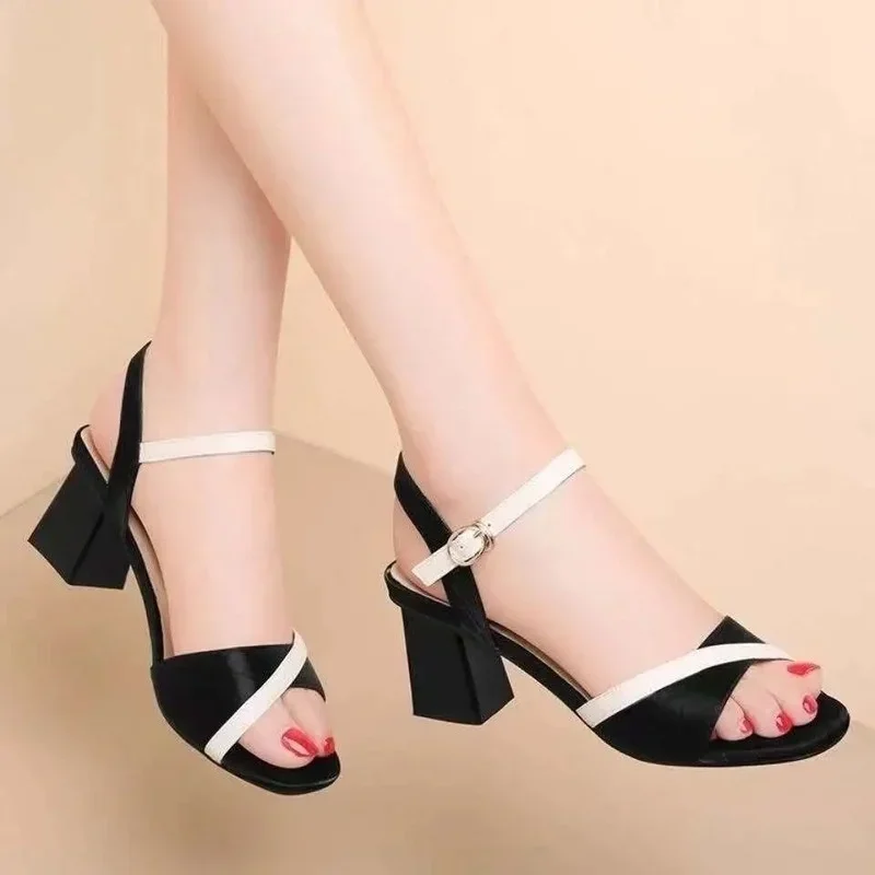 Block Heel Sandals For Woman Women\'s Shoes One Word Leather Summer 2024 With Medium Heels Footwear Comfortable Offer Sale F H