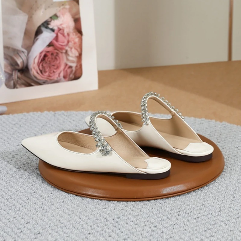 

2026 New Style Single Shoes Baotou Half Slippers Pointed High Heel Rhinestone Chain Flat Heel Women's Muller Shoes