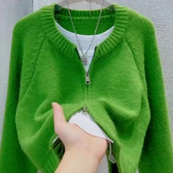 Women's Clothing Round Neck Screw Thread Autumn Winter Solid Zipper Cardigan Long Sleeve Sweater Knitted Casual Fashion Tops