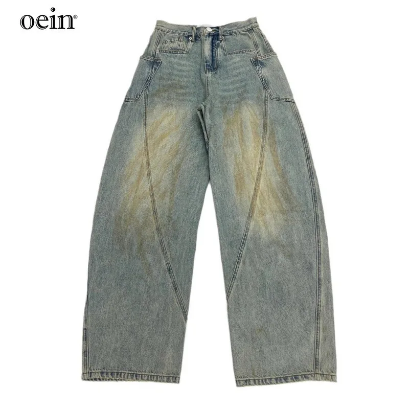 [oein] An Washed Yellow Clay Distressed Look Slim Loose Curved Knife Jeans For Both Men And Women, The Highest