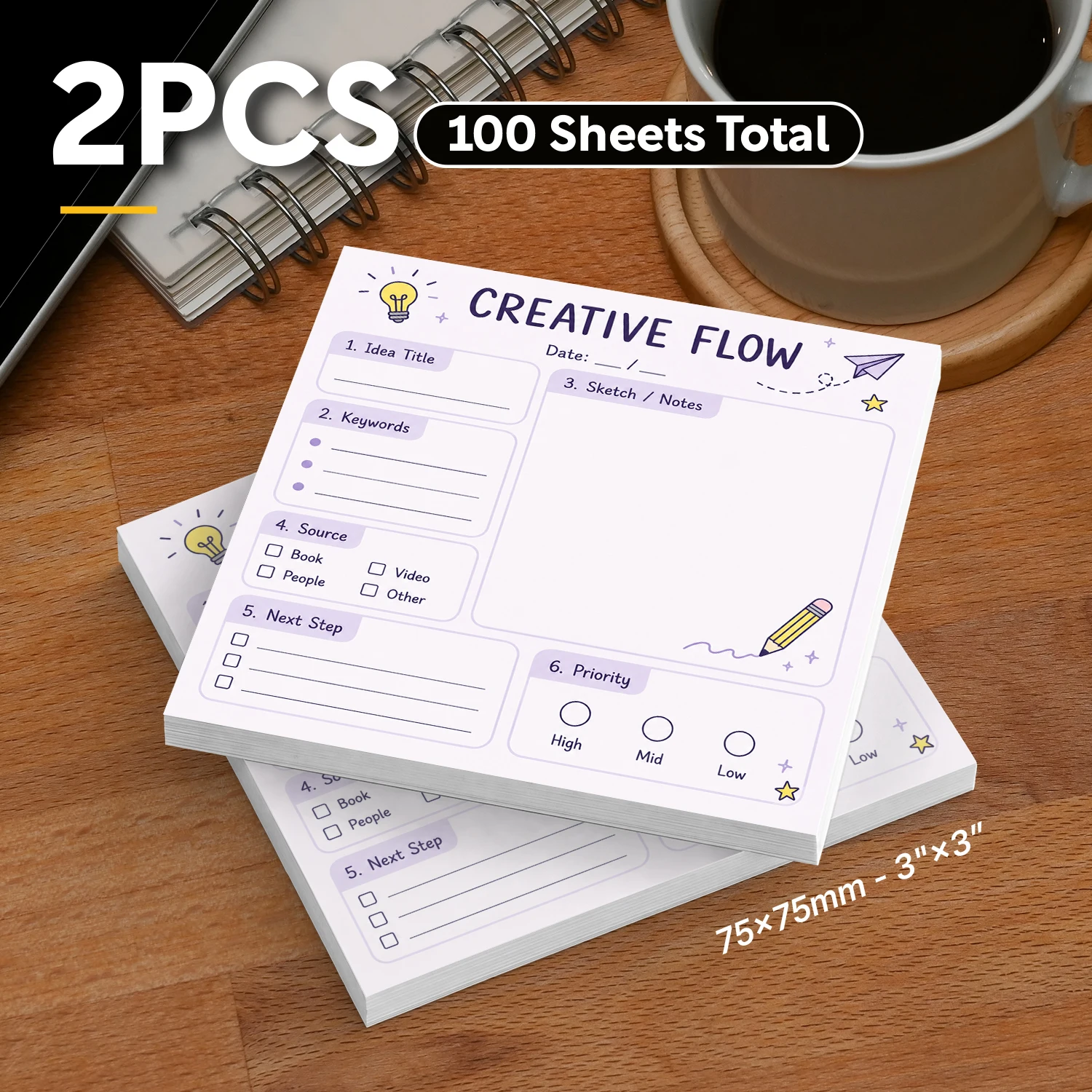 2pcs Creative Flow Sticky Notes Set, Idea Planner Brainstorming Self Stick Memo Pads, 200 Sheets Total, Project Planning & Mind