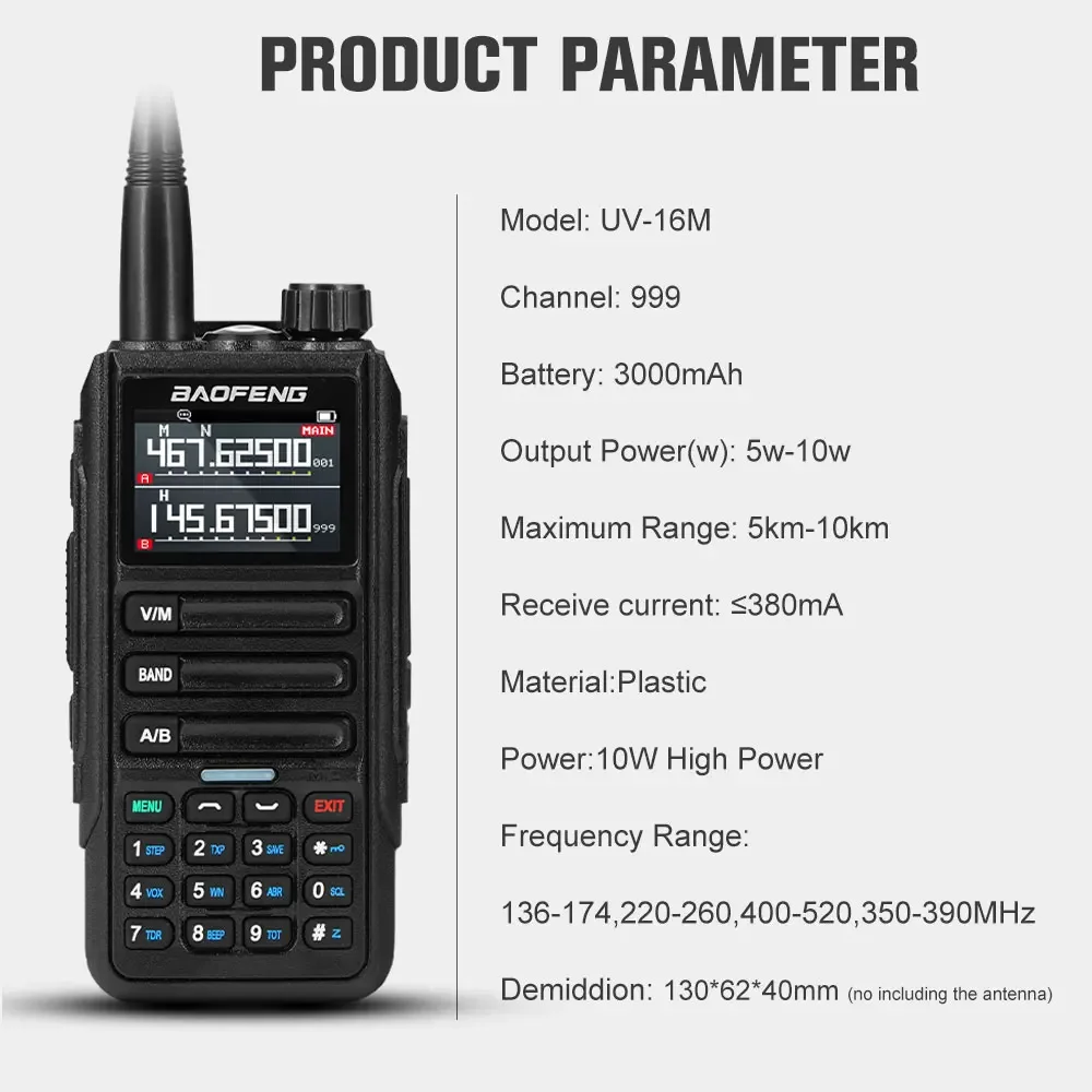 Baofeng UV-16M Walkie Talkie 50km Mulit Band AM FM Waterproof Wireless Frequency Copy VHFUHF High Power Long Range Two Way Radio