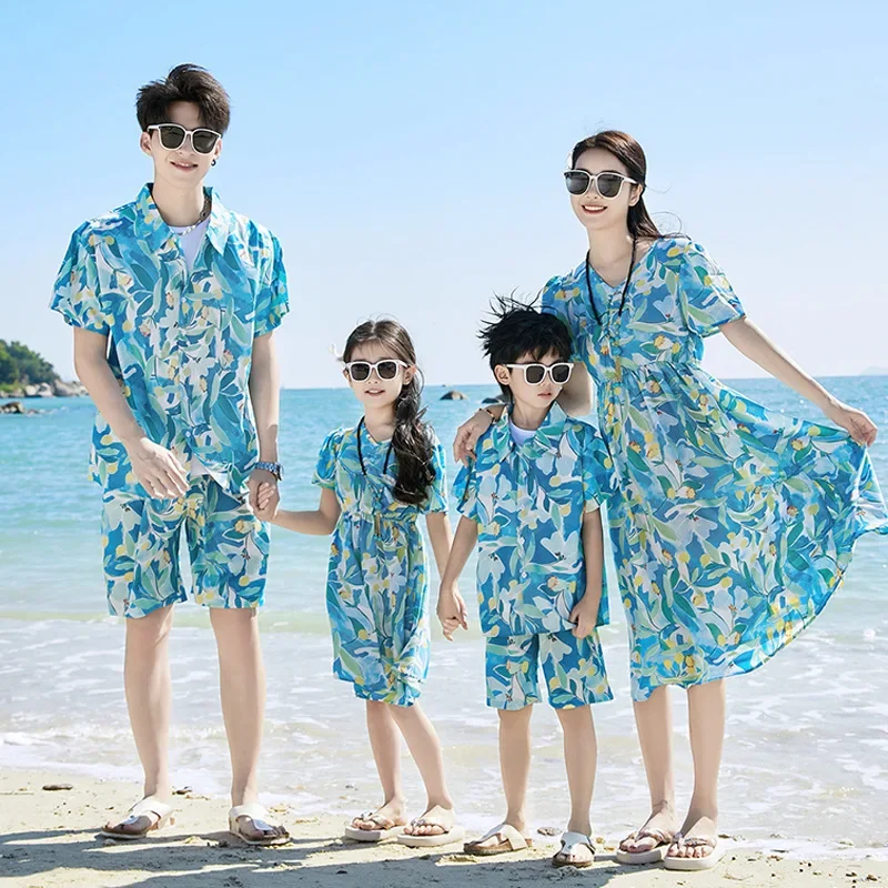 Parent-child Matching Beach Couple Clothes Summer Vacation Look Family Clothing Mother Daughter Same Dress Father Son Shirts Set