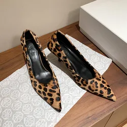 MKKHOU Fashion Pumps New High Quality Genuine Wool Leopard Pattern High Heels Pointed Shallow Mouth Women's Heels Shoes