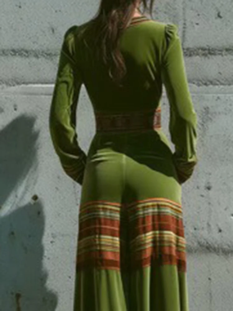 

Vintage Contrast Color High Waist Pocket Jumpsuits Casual V-neck Wide Leg Women's Romper Autumn New Velvet Long Sleeve Playsuits