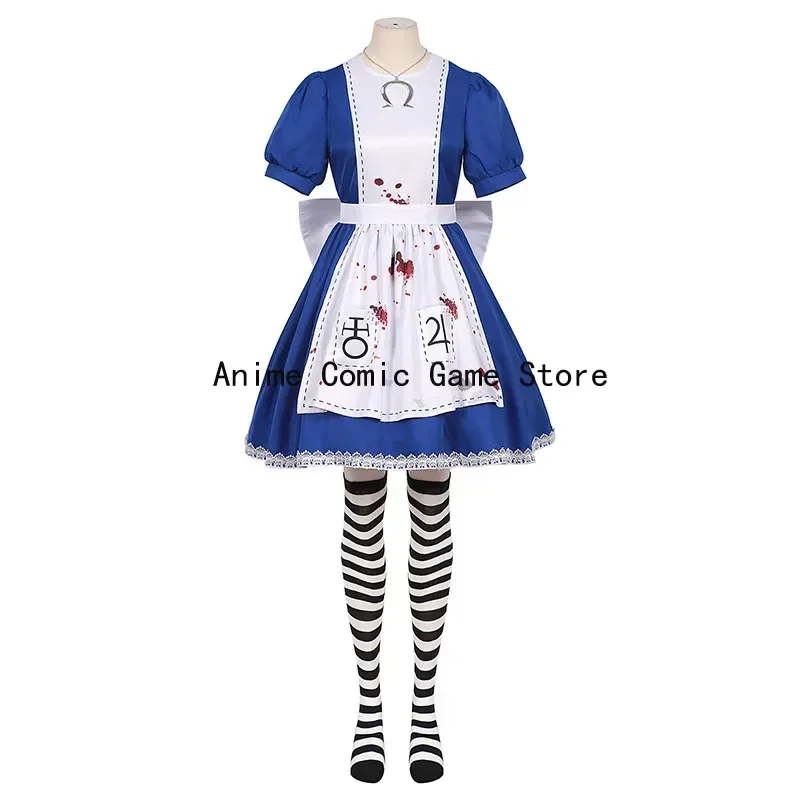 In Stock XS-XL Alice Madness Returns Cosplay Necklace Wig Socks Game Alice Maid Dress Halloween Party Outfits for Women