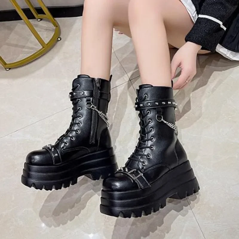 جديد الخريف الفاخرة Winte منصة النساء حذاء من الجلد القوطية نمط كول النساء أحذية قتالية العلامة التجارية الشارع النساء حذاء التمهيد حجم كبير 42 #4