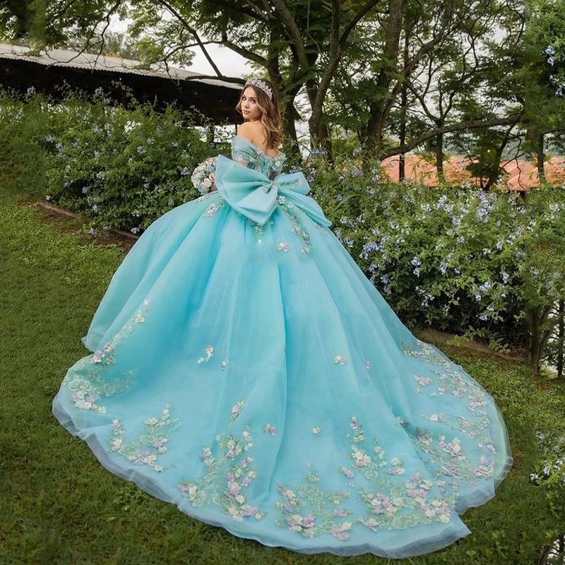 Elegant Mexican Blue Quinceanera Dresses Handmade 3D Floral Applique Birthday Princess Formal Ball Gowns Vestidos XV Años Gift