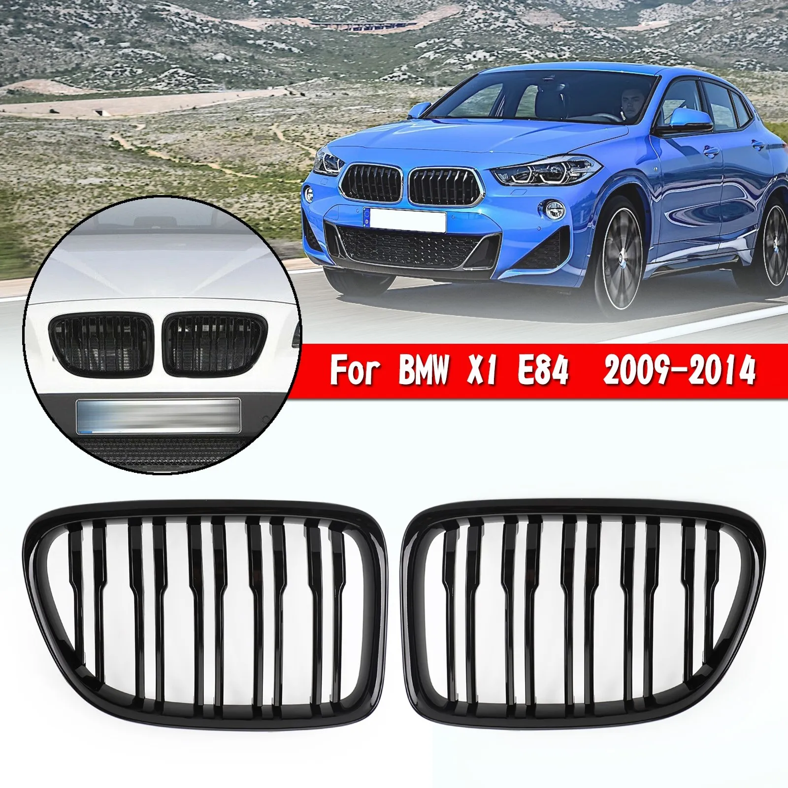 Artudatech Gloss Black Dual Slats Front Hood Kidney Grill Grille For BMW X1 E84 2009-14 SUV