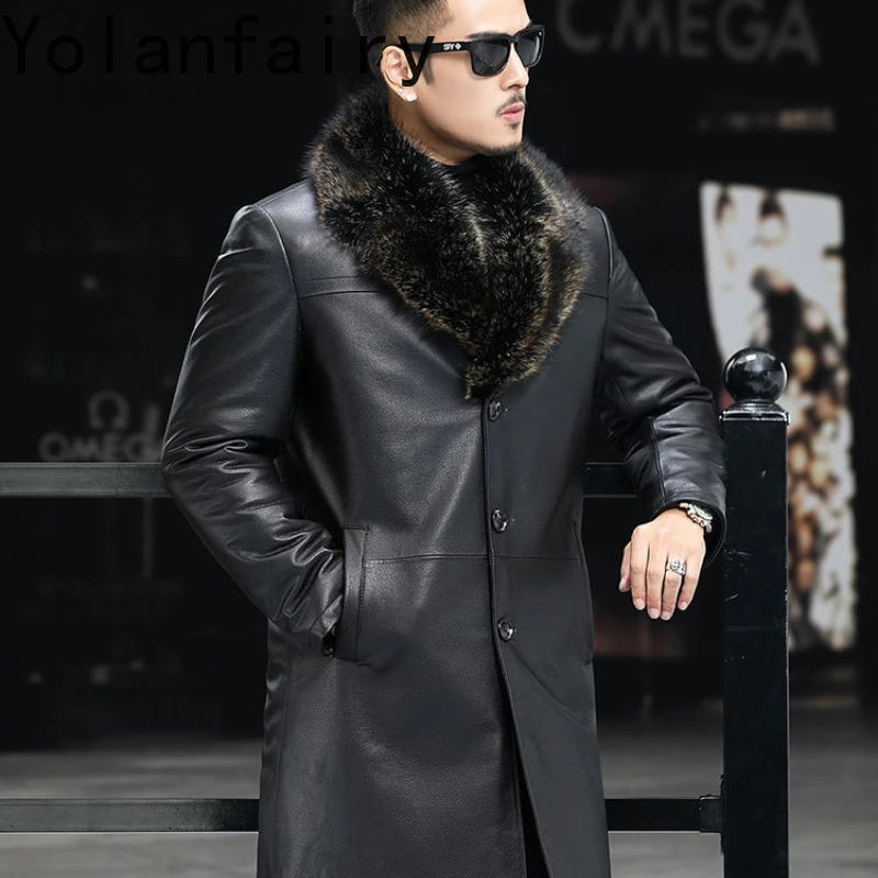 

YOLANFAIRY Goat Skin Genuine Mink New in Jackets Men Winter Long Coats Silver Fox Collar Fashion Trench Saco Hombre Casual