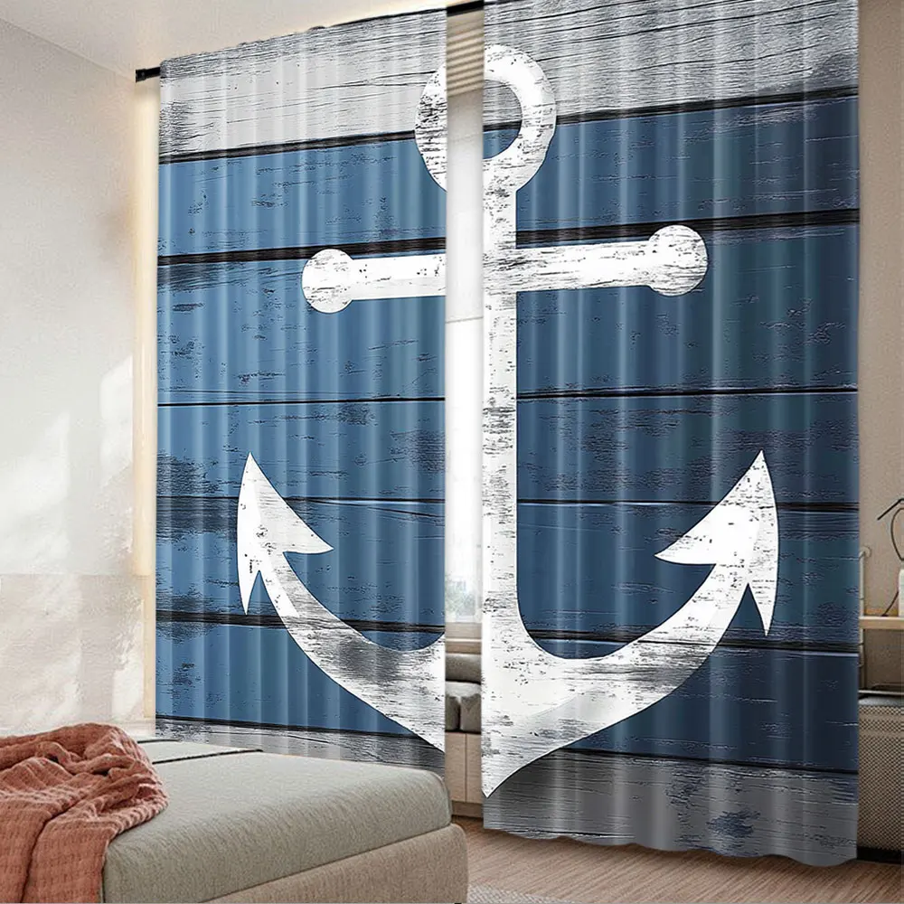 2Pcs Anchor Blue Pattern Curtain With Nautical Style Rustic Marine Old Weathered Planks Oceanic Farm House Window Drapes