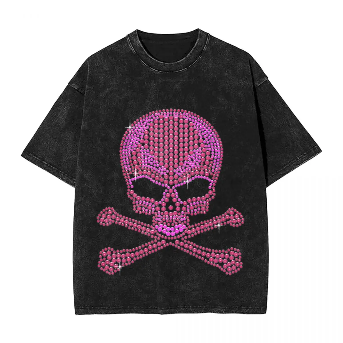 Pink Rhinestones Skulls & Crossbones Washed T Shirt Streetwear Hip Hop Retro T-Shirt Tees Tops Men Women Cotton Oversize Summer