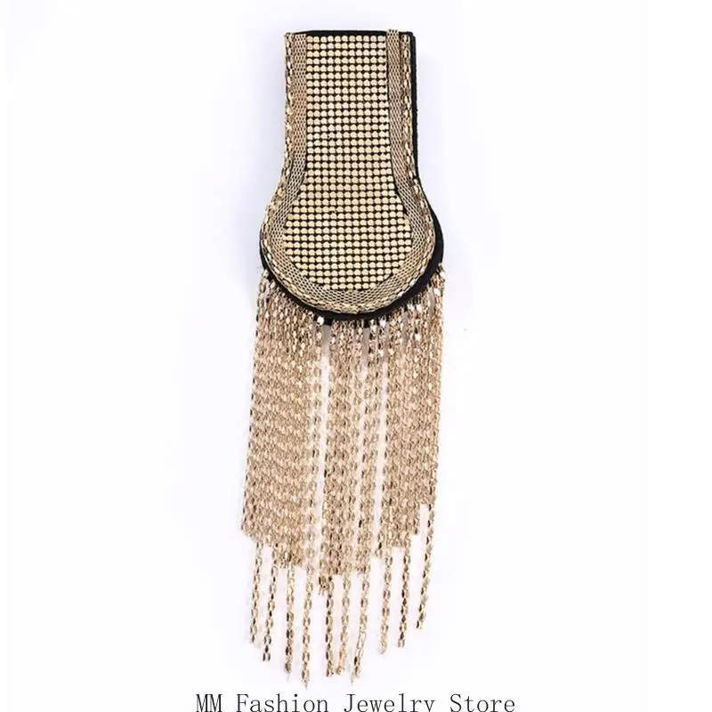 D0UB Stylish Rhinestones Shoulder Epaulette Metal Chain Tassels Easy Wear Pin Epaulets Shoulder Badge for Outfit and Jackets
