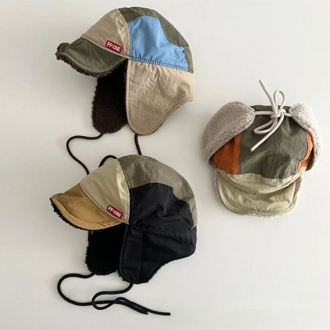 

Children Casual Outdoor Windproof Hat Kids Thickened Fleece Ear Flap Trapper Hat Patchwork Soft Brim Warm Winter Baby Caps