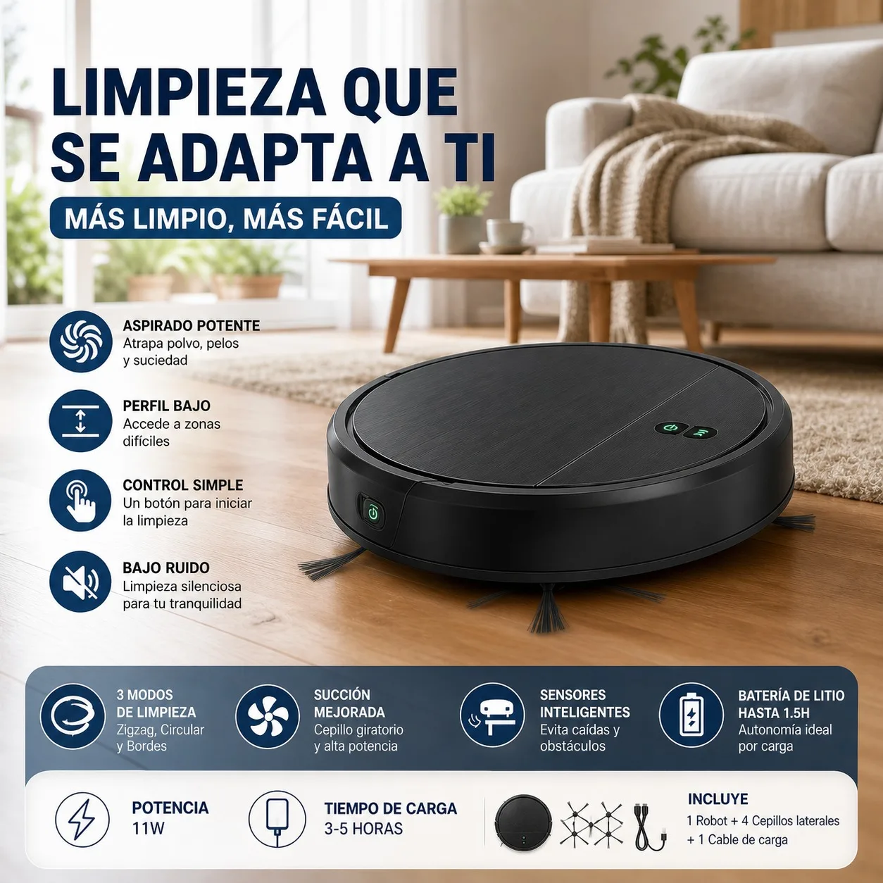 Robot Aspirador Inteligente de 11W para Limpieza de Suelos, Diseño Compacto de 29x29x7 cm con Cepillos Laterales Duales, Aspiradora