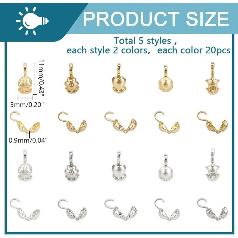 200pcs 10 Styles Brass Bead Tips Crimp Beads Kit Knot Cover Crimp Bead Covers Calotte Ends Clamshell Knot Cover