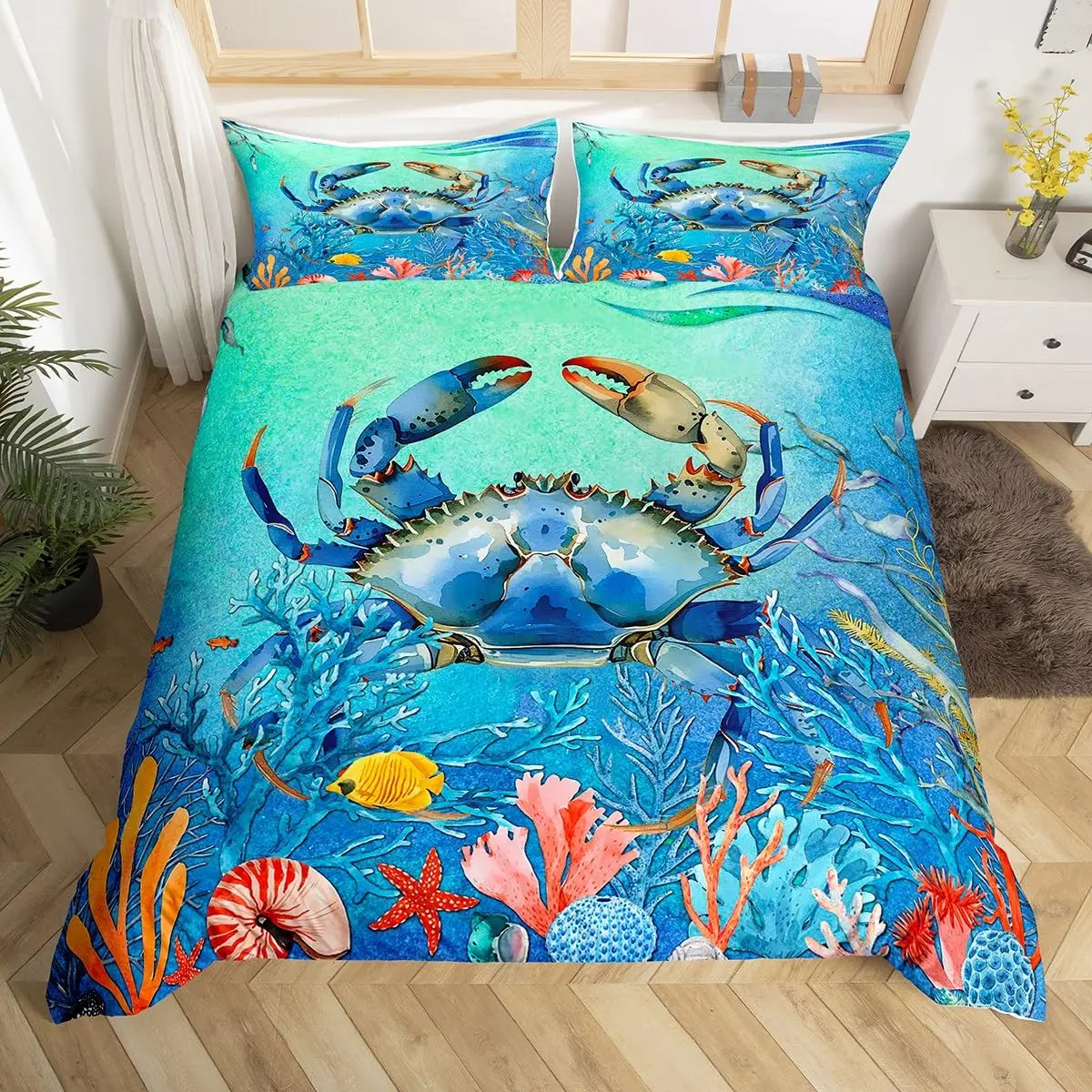 

Crab Bedding Set Ocean Creature Themed Duvet Cover Sea Underwater World Comforter Cover Marine Life Sealife Blue Quilt Cover