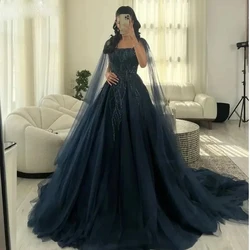 Luxury Dubai Arab Evening Dresses with Cape Navy Blue Tulle Glitter Prom Dress Elegant Formal Occasions Party Dress 2025
