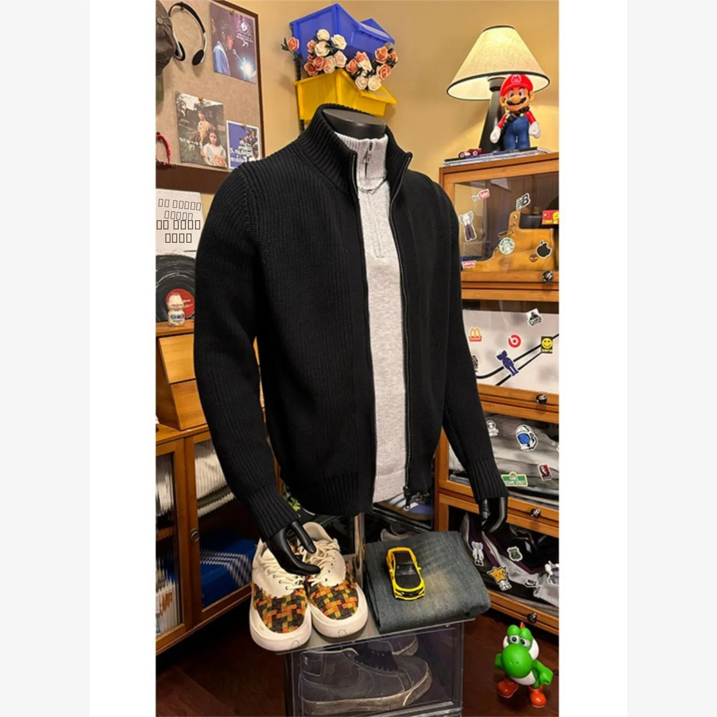 

American Sle Stand Collar Open Cardigan Sweater Men's Autumn Winter Double Zipper Knitted Top Bla Outerwear Cleanfit