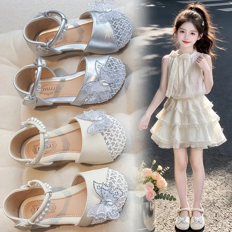 2026 Summer Girls Sandals Fashion Sequins Rhinestone Bow Girls Princess Shoes Baby Girl Shoes Flat Heel Sandals