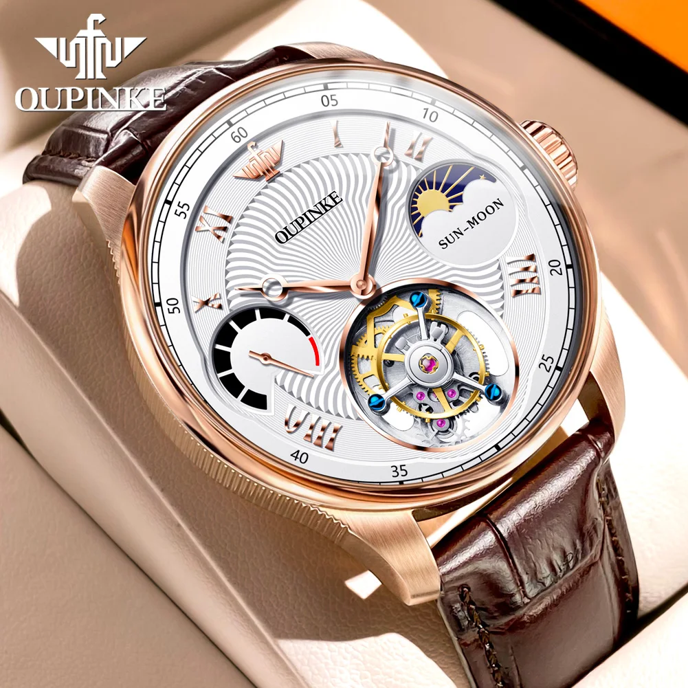 OUPINKE 8001 Man Real Tourbillon Watch Top Swiss Brand Moon Phase Waterproof Skeleton Flywheel Original Mechanical Watch for Men